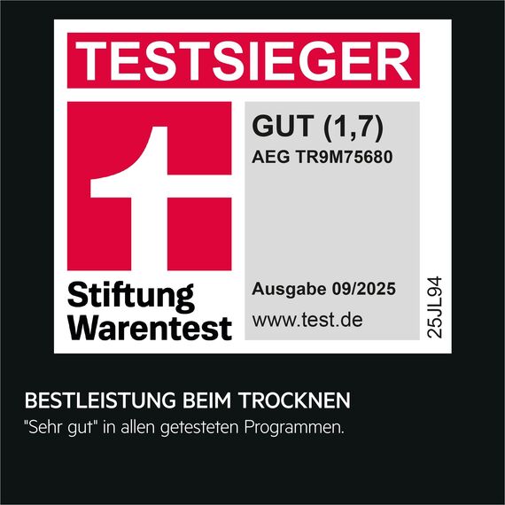 AEG Wärmepumpentrockner 8 kg, Testsieger der Stiftung Warentest 2025, Serie 9000: AbsoluteCarePlus Daunentrocknung, Punktgenaue Trockenergebnisse mit 3D-Scan Restfeuchteermittlung, TR9M75680