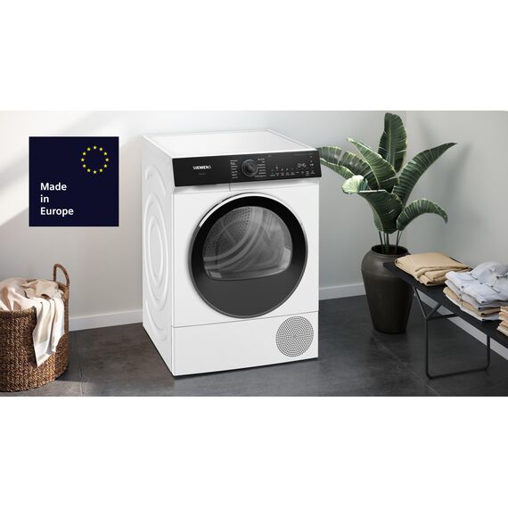 Siemens WQ45H2BECO, iQ500, Smarter Wärmepumpentrockner 9 kg, Selbstreinigender Kondensator, autoDry, speedPack, Reversierende Trommel, Nachlegefunktion, halbe Beladung, Trommelinnenbeleuchtung, Weiß