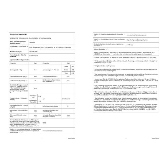 Siemens WQ35B2B30, Smarter iQ700 Wärmepumpentrockner für 1-8 kg Wäsche, Schnellprogramm, Schonende autoDry Trocknung, softDry Schontrommel mit Licht, Outdoor-Programm, directTouch Plus Display, Weiß