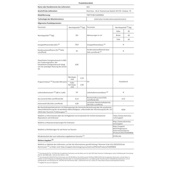 AEG Wärmepumpentrockner 8kg, Testsieger der Stiftung Warentest 2025, neue Energiekl. B, Serie 8000 AbsoluteCare Wolle- & Seidetrocknung, Mengenautomatik, Knitterschutz, Reversierautomatik, TR8T75780