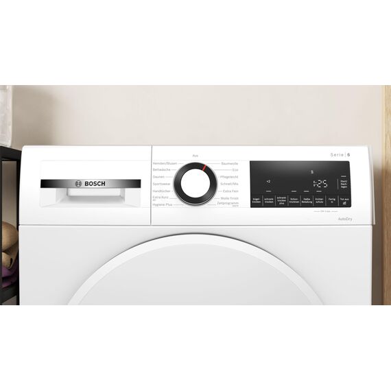 Bosch WQG233D21 Serie 6, Wärmepumpentrockner 9 kg, Schnell-Trocknung, Halbe Beladung Option, mit Feuchtesensorik, Easy Clean Filter, Sensitive-Drying Gewebeschonend, Trommelreversierung, Weiß