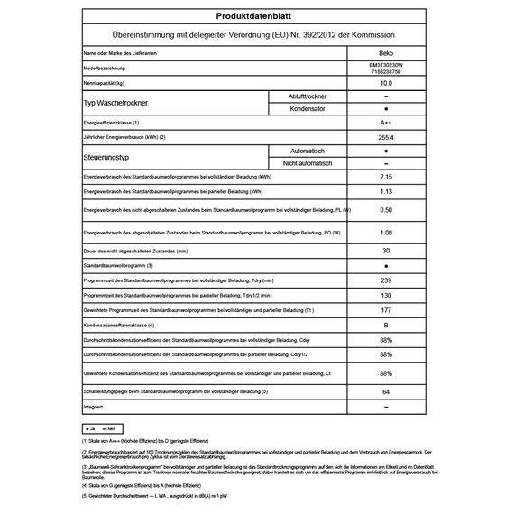 Beko BM3T30230W Wäschetrockner, 10 kg, Frontlader Wärmepumpentrockner, 15 Programme, Sensortrocknung, Säulenfähig, Aquawave Schontrommel, Weiß