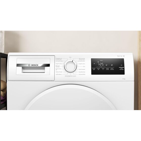 Bosch WTH83VV4, Serie 4, Wärmepumpentrockner, 8 kg, AutoDry, Quick-40-Trocknen, Nachlegefunktion, Sensitive-Drying-System, Anti Vibration Design, 63 dB, LED-Display, Touch-Control, Zeitvorwahl