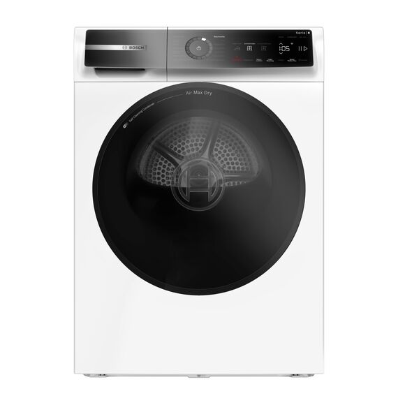 Bosch WRB247C40 Serie 8 Wärmepumpentrockner, 9 kg, selbstreinigender Kondensator, Air Max Dry, AutoDry, Reversierfunktion, Home Connect, Speed Perfect Plus, weiß/chrom
