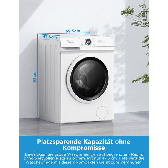Midea MF10EW80BA10 Waschmaschine / 8kg / 1400 U/Min/EEK A-10%/Inverter Quattro Motor/Dampffunktion/Grosse Trommel/Nachlegefunktion/Kindersicherung/AquaStop, Weiß