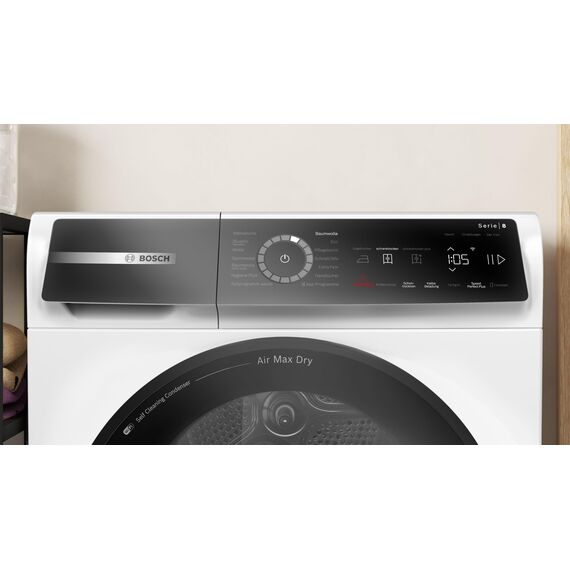 Bosch WRB247C40 Serie 8 Wärmepumpentrockner, 9 kg, selbstreinigender Kondensator, Air Max Dry, AutoDry, Reversierfunktion, Home Connect, Speed Perfect Plus, weiß/chrom