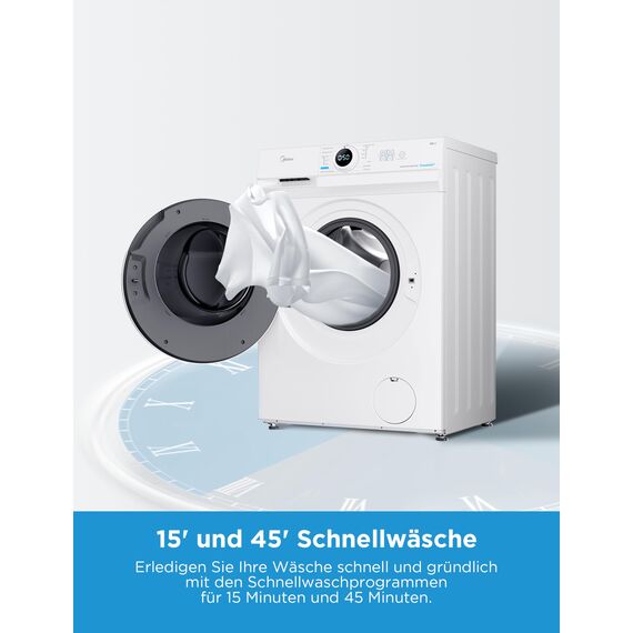 Midea MF10EW100B Waschmaschine / 10kg / 1400 U/Min/EEK A/Inverter Quattro Motor/Dampffunktion/Grosse Trommel/Nachlegefunktion/Kindersicherung/AquaStop, Weiß