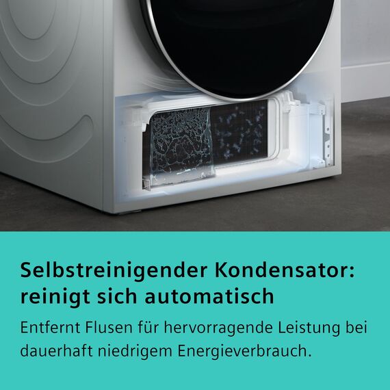 Siemens WR47B2C40 iQ700 Wärmepumpen-Trockner, 9 kg, Selbstreinigender Kondensator, AutoDry, Kurzprogramm 40', Nachlegefunktion, Reversierende Trommel, halbe Beladung, LED-Display, Touch Control