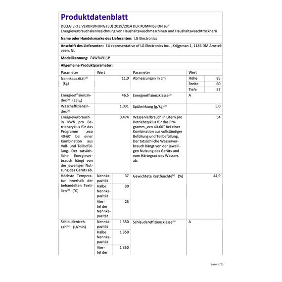 LG F4WR4911P Waschmaschine, Frontlader, 11 kg, 1350 U/Min, AI DD, Steam, 6 Motion, Inverter Direct Drive, leise und effizient, Weiß [Energieklasse A]