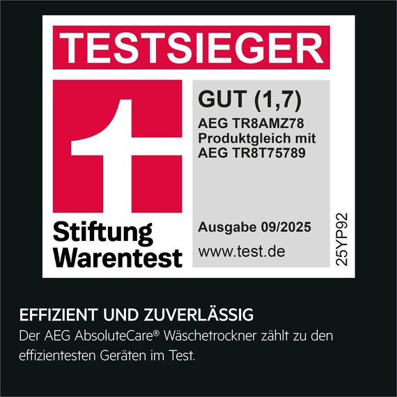 AEG Wärmepumpentrockner 8kg, Testsieger der Stiftung Warentest 2025, neue Energiekl. B, Serie 8000 AbsoluteCare Wolle- & Seidetrocknung, Reversierautomatik für Knitterschutz, Innenbeleuchtung TR8AMZ78