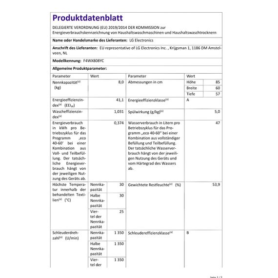LG F4WX808YC Waschmaschine (8 kg, Energieklasse A-20%, 1.350 U/Min.) mit AI Wash, Easy-Touch Drehregler, TurboWash 360, Weiß