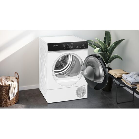 Siemens WQ45H2BECO, iQ500, Smarter Wärmepumpentrockner 9 kg, Selbstreinigender Kondensator, autoDry, speedPack, Reversierende Trommel, Nachlegefunktion, halbe Beladung, Trommelinnenbeleuchtung, Weiß