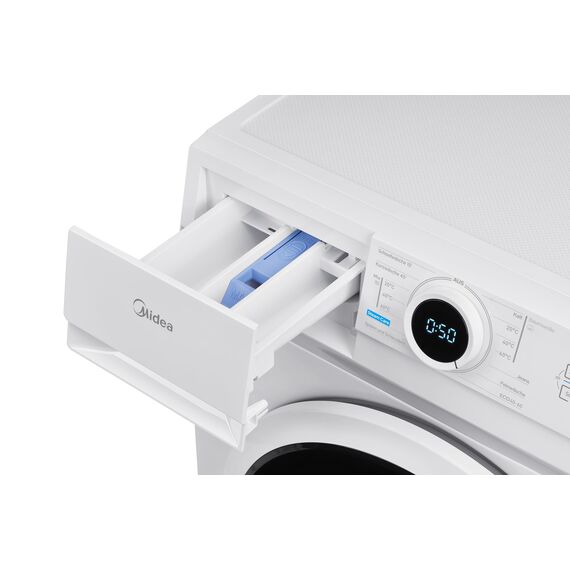 Midea MF10EW80BA10 Waschmaschine / 8kg / 1400 U/Min/EEK A-10%/Inverter Quattro Motor/Dampffunktion/Grosse Trommel/Nachlegefunktion/Kindersicherung/AquaStop, Weiß