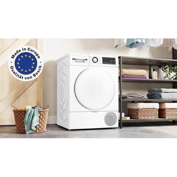 Bosch WQG233D21 Serie 6, Wärmepumpentrockner 9 kg, Schnell-Trocknung, Halbe Beladung Option, mit Feuchtesensorik, Easy Clean Filter, Sensitive-Drying Gewebeschonend, Trommelreversierung, Weiß