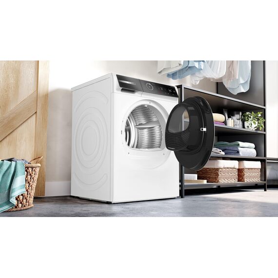 Bosch WRB247C40 Serie 8 Wärmepumpentrockner, 9 kg, selbstreinigender Kondensator, Air Max Dry, AutoDry, Reversierfunktion, Home Connect, Speed Perfect Plus, weiß/chrom