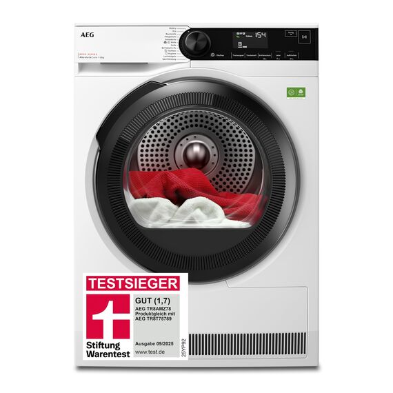AEG Wärmepumpentrockner 8kg, Testsieger der Stiftung Warentest 2025, neue Energiekl. B, Serie 8000 AbsoluteCare Wolle- & Seidetrocknung, Reversierautomatik für Knitterschutz, Innenbeleuchtung TR8AMZ78