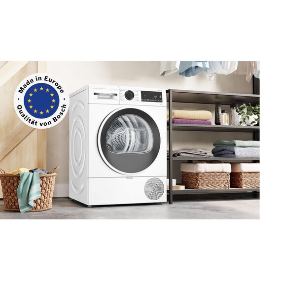 Bosch WTH83004, Serie 4, Wärmepumpentrockner, 8 kg, AutoDry, Quick-40-Trocknen, Nachlegefunktion, Sensitive-Drying-System, 65dB, LED-Display, Touch-Control, Zeitvorwahl, Kindersicherung, Weiß