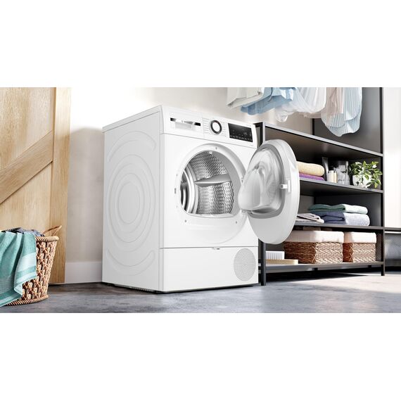 Bosch WQG233D21 Serie 6, Wärmepumpentrockner 9 kg, Schnell-Trocknung, Halbe Beladung Option, mit Feuchtesensorik, Easy Clean Filter, Sensitive-Drying Gewebeschonend, Trommelreversierung, Weiß