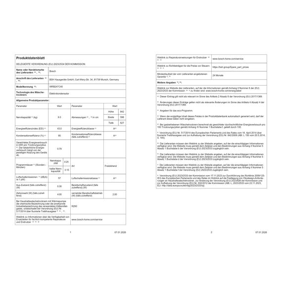 Bosch WRB247C40 Serie 8 Wärmepumpentrockner, 9 kg, selbstreinigender Kondensator, Air Max Dry, AutoDry, Reversierfunktion, Home Connect, Speed Perfect Plus, weiß/chrom