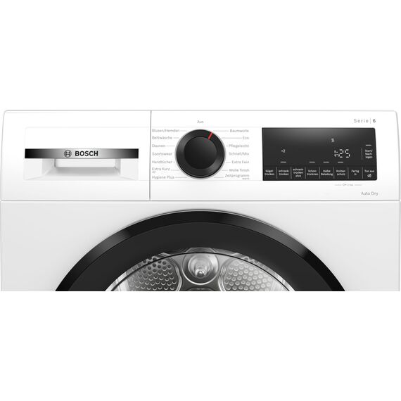 Bosch WQG243D41 Serie 6, Wärmepumpentrockner 9 kg, Extra Kurz Trockenprogramm, Halbe Beladung Option, Auto Dry, Easy Clean Filter, Sensitive-Drying-System, Trommelreversierung, Innenbeleuchtung, Weiß