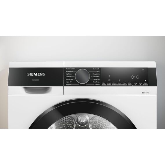 Siemens WQ33G2D41 iQ500, Wärmepumpentrockner 9 kg, schneller Trocknen mit speedPack, autoDry - schonende Trocknung, Halbe Beladung, Knitterschutz, Beladungsempfehlung, LED-Display, Weiß