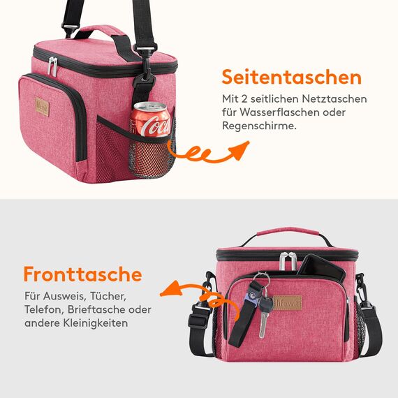 Lifewit Isolierte Kühltasche, Wiederverwendbare Lunchtasche, Tragbare Kühlbox auslaufsicher, Tragetasche mit verstellbarem Schulterriemen für Erwachsene für Arbeit/Picknick, Pink, 9L 12 Dosen