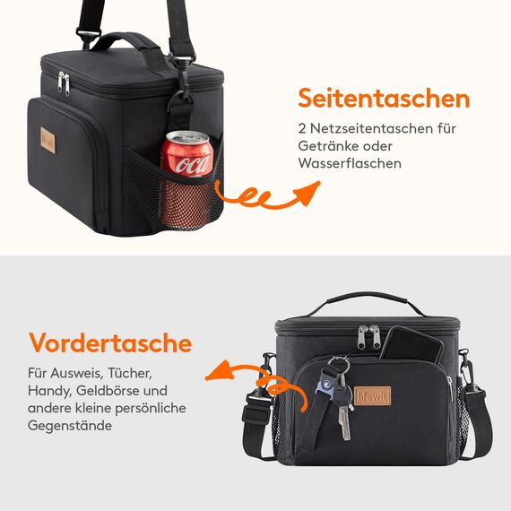 Lifewit Isolierte Kühltasche, Wiederverwendbare Lunchtasche, Tragbare Kühlbox auslaufsicher, Tragetasche mit verstellbarem Schulterriemen für Erwachsene für Arbeit/Picknick, Schwarz, 9L 12 Dosen