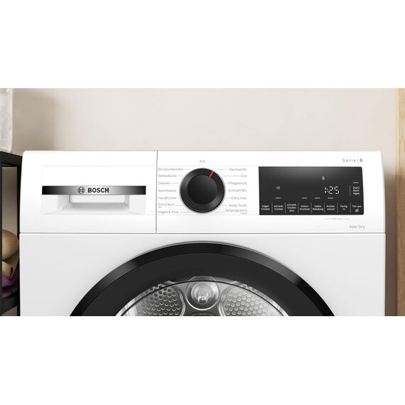 Bosch WQG243D41 Serie 6, Wärmepumpentrockner 9 kg, Extra Kurz Trockenprogramm, Halbe Beladung Option, Auto Dry, Easy Clean Filter, Sensitive-Drying-System, Trommelreversierung, Innenbeleuchtung, Weiß