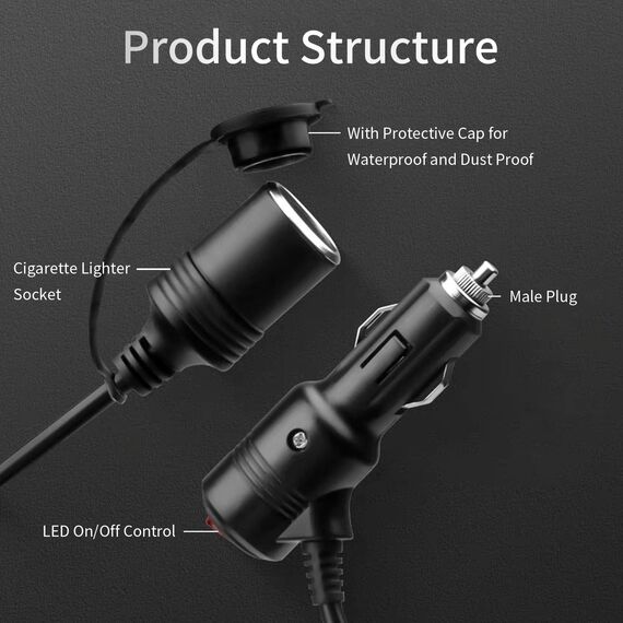 12V Verlängerungskabel 5 m – geschalteter Zigarettenanzünder-Stecker & Buchse mit Sicherung, KFZ 12/24V, Auto-Steckdose für Kühlbox, Camping, 12V Kabel 20AWG