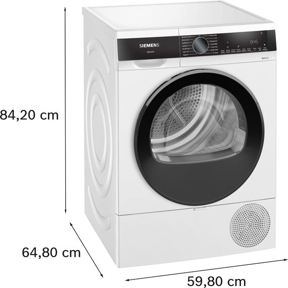 Siemens WQ33G2D41 iQ500, Wärmepumpentrockner 9 kg, schneller Trocknen mit speedPack, autoDry - schonende Trocknung, Halbe Beladung, Knitterschutz, Beladungsempfehlung, LED-Display, Weiß