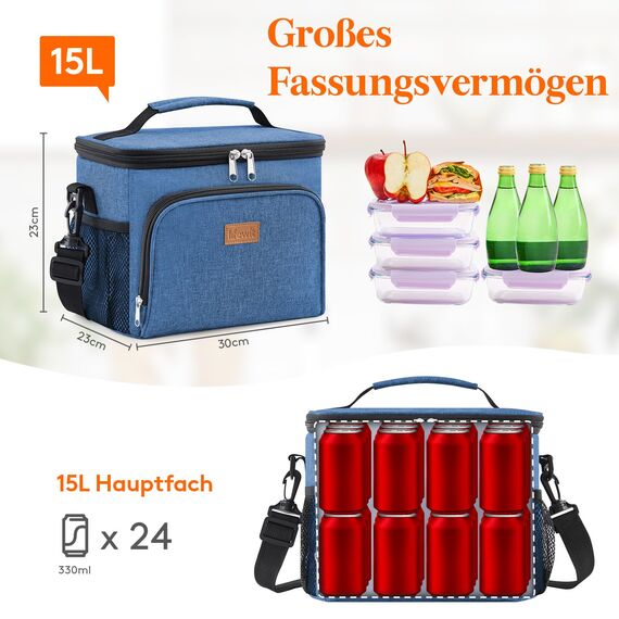 Lifewit Isolierte Kühltasche, Wiederverwendbare Lunchtasche, Tragbare Kühlbox auslaufsicher, Tragetasche mit verstellbarem Schulterriemen für Erwachsene für Arbeit/Picknick, Dunkelblau, 15L 24 Dosen