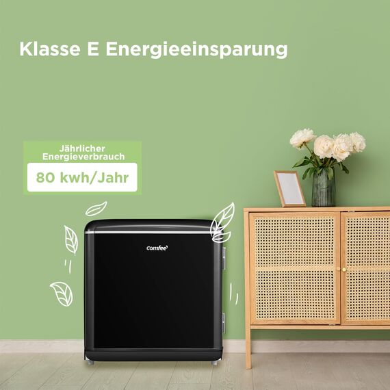 Comfee' RCD50BL2EURT(E) kleiner Kühlschrank, 47 Liter, Retro-Design, Mini-Kühlschrank, Tisch, einstellbarer Thermostat, leise, geeignet für Zuhause, Büro und Hotel, Schwarz [Energieklasse E]