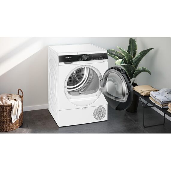 Siemens WQ33G2D41 iQ500, Wärmepumpentrockner 9 kg, schneller Trocknen mit speedPack, autoDry - schonende Trocknung, Halbe Beladung, Knitterschutz, Beladungsempfehlung, LED-Display, Weiß