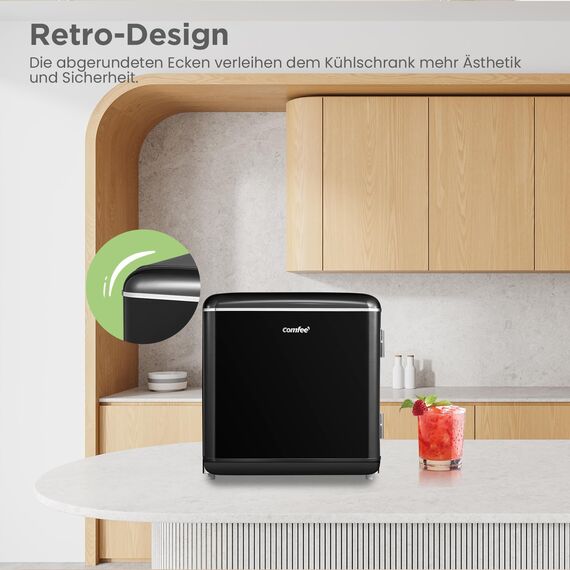 Comfee' RCD50BL2EURT(E) kleiner Kühlschrank, 47 Liter, Retro-Design, Mini-Kühlschrank, Tisch, einstellbarer Thermostat, leise, geeignet für Zuhause, Büro und Hotel, Schwarz [Energieklasse E]