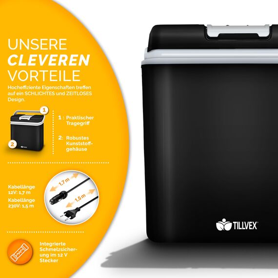 tillvex Kühlbox elektrisch 24L | Mini-Kühlschrank 230 V und 12 V für KFZ Auto Camping | kühlt & wärmt | ECO-Modus (Anthrazit)