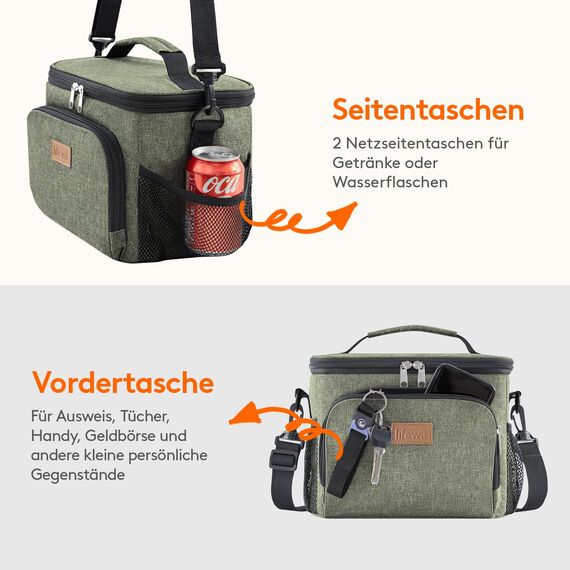 Lifewit Isolierte Kühltasche, Wiederverwendbare Lunchtasche, Tragbare Kühlbox auslaufsicher, Tragetasche mit verstellbarem Schulterriemen für Erwachsene für Arbeit/Picknick, Dunkelgrün, 9L 12 Dosen