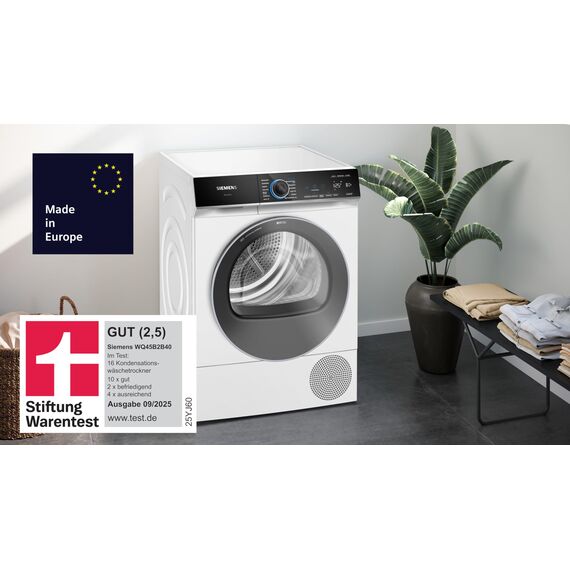 Siemens WQ45B2B40, Stiftung Warentest GUT (2,5)*, iQ700 Smarter Wärmepumpen-Trockner 9kg, autoDry optimale Trocknung, selbstreinigender Kondensator, Touch LED-Display, intelligentDry, Outdoor-Programm