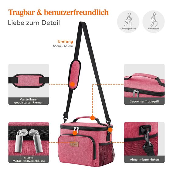 Lifewit Isolierte Kühltasche, Wiederverwendbare Lunchtasche, Tragbare Kühlbox auslaufsicher, Tragetasche mit verstellbarem Schulterriemen für Erwachsene für Arbeit/Picknick, Pink, 9L 12 Dosen