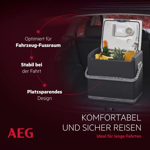 AEG Thermoelektrische Kühlbox KK 28, kühlt bis 20 °C unter Umgebungstemparatur, 28 Liter Fassungsvermögen, 12V/230V, Tragegriff & Kabelfach, leicht zu reinigen, für Auto, Reisen & Camping
