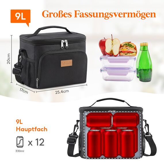 Lifewit Isolierte Kühltasche, Wiederverwendbare Lunchtasche, Tragbare Kühlbox auslaufsicher, Tragetasche mit verstellbarem Schulterriemen für Erwachsene für Arbeit/Picknick, Schwarz, 9L 12 Dosen