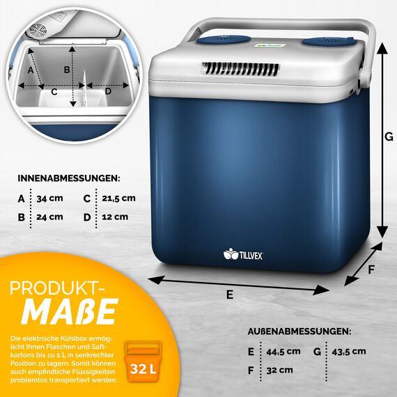 tillvex Kühlbox elektrisch 32L | Mini-Kühlschrank 230 V und 12 V für KFZ Auto Camping | kühlt & wärmt | ECO-Modus (Blau)