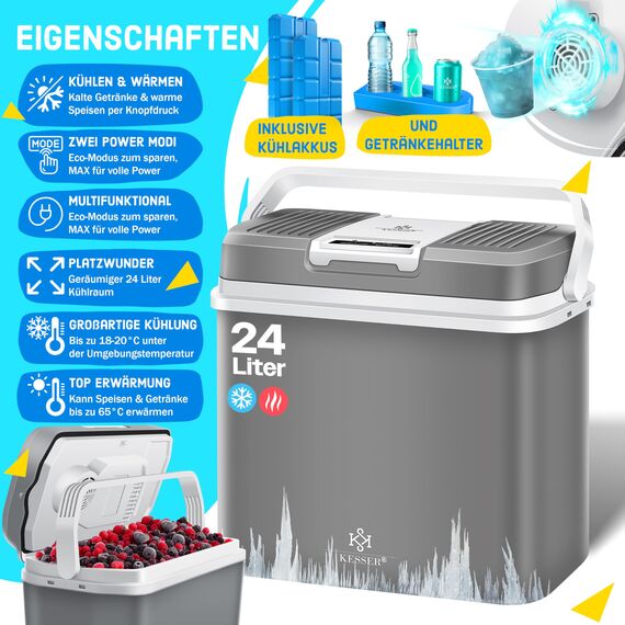 KESSER® 24 Liter Kühlbox | KÜHLT und WÄRMT | Thermo-Elektrische Kühlbox | inklusive 2X Kühlakku & Getränkehalter | 12 Volt und 230 Volt | Mini-Kühlschrank | für Auto und Camping | EEK E | Grau