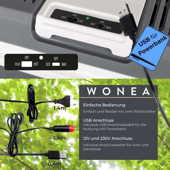 WONEA 24 Liter Thermoelektrische Kühlbox mit USB Anschluss für Powerbank, 12V 230V KÜHLEN und WÄRMEN, Leise Camping Kühlbox Auto LKW