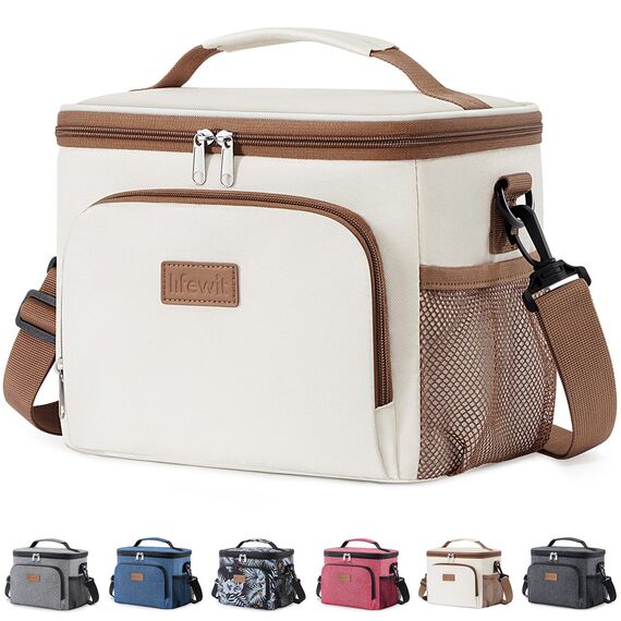 Lifewit Isolierte Kühltasche, Wiederverwendbare Lunchtasche, Tragbare Kühlbox auslaufsicher, Tragetasche mit verstellbarem Schulterriemen für Erwachsene für Arbeit/Picknick, Creme, 9L 12 Dosen