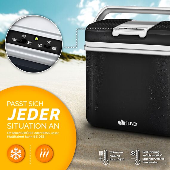 tillvex Kühlbox elektrisch 24L | Mini-Kühlschrank 230 V und 12 V für KFZ Auto Camping | kühlt & wärmt | ECO-Modus (Anthrazit)