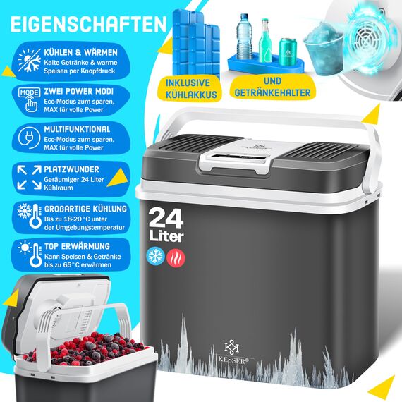 KESSER® 24 Liter Kühlbox | KÜHLT und WÄRMT | Thermo-Elektrische Kühlbox | inklusive 2X Kühlakku & Getränkehalter | 12 Volt und 230 Volt | Mini-Kühlschrank | für Auto und Camping | EEK E | Anthrazit
