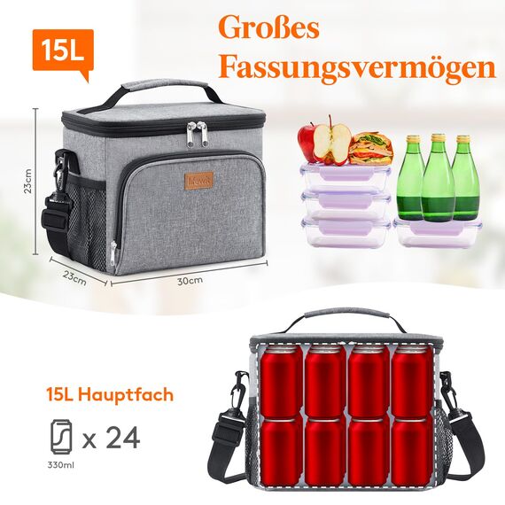 Lifewit Isolierte Kühltasche, Wiederverwendbare Lunchtasche, Tragbare Kühlbox auslaufsicher, Tragetasche mit verstellbarem Schulterriemen für Erwachsene für Arbeit/Picknick, Grau, 15L 24 Dosen