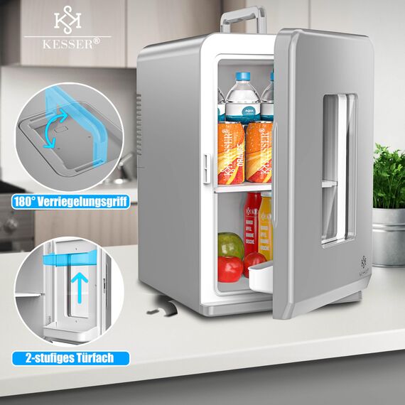 KESSER® 2in1 Mini Kühlschrank Kühlbox 15 Liter Kühl und Heizfunktion Tragbarer AC DC 220-240V/12V Steckdose und Zigarettenanzünder Warmhaltebox Mini-Thermobox Auto Büros Zimmer Camping Garten Grau