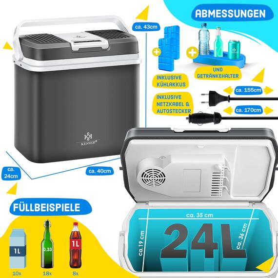 KESSER® 24 Liter Kühlbox | KÜHLT und WÄRMT | Thermo-Elektrische Kühlbox | inklusive 2X Kühlakku & Getränkehalter | 12 Volt und 230 Volt | Mini-Kühlschrank | für Auto und Camping | EEK E | Anthrazit
