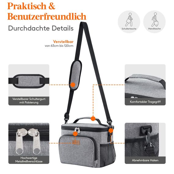 Lifewit Isolierte Kühltasche, Wiederverwendbare Lunchtasche, Tragbare Kühlbox auslaufsicher, Tragetasche mit verstellbarem Schulterriemen für Erwachsene für Arbeit/Picknick, Grau, 15L 24 Dosen